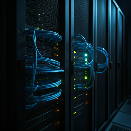 Sala de servidores segura com cabos de fibra e sobreposição de dados