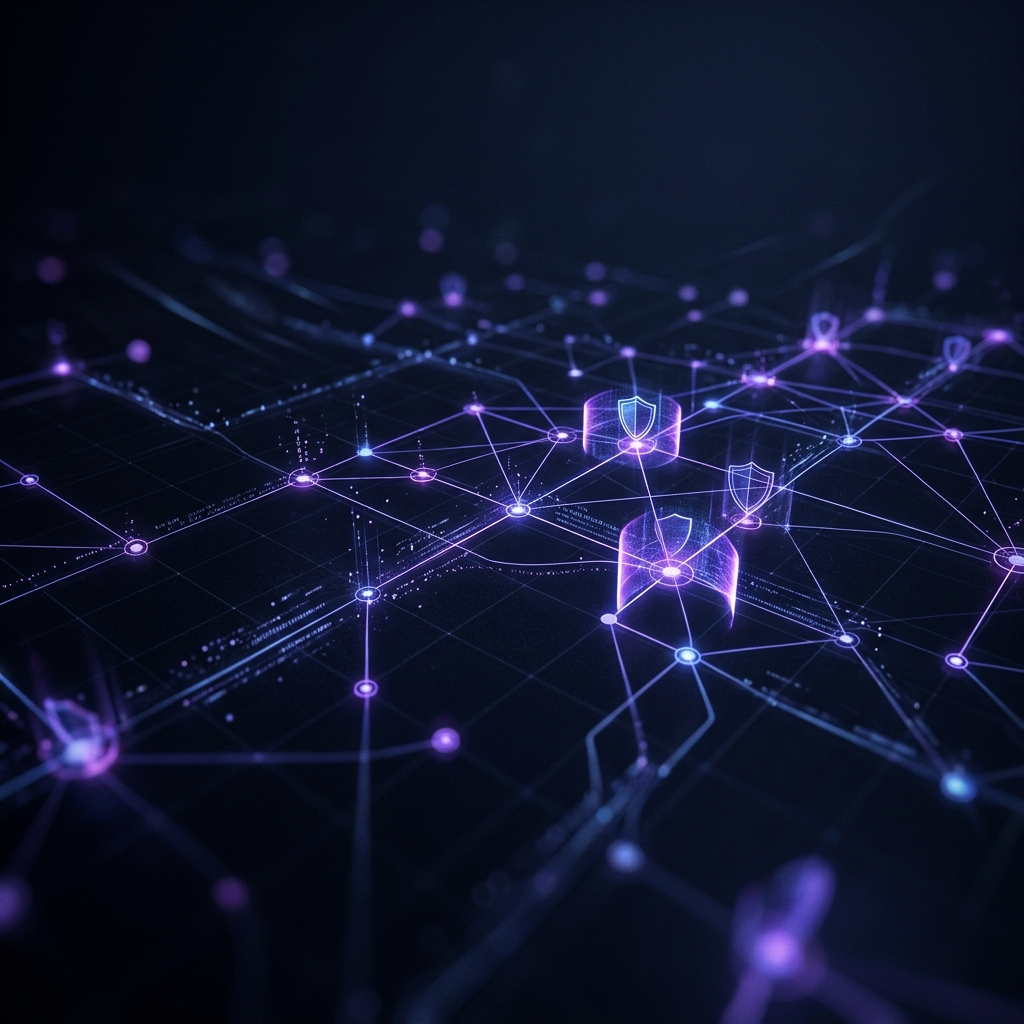 Visualização abstrata de cibersegurança com nós de rede e proteção